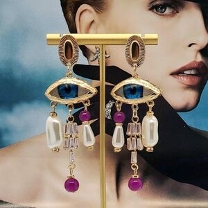NWT Punk Style Crystal Evil Eye Pearl Pendant Gold Tassel Chandelier Earrings